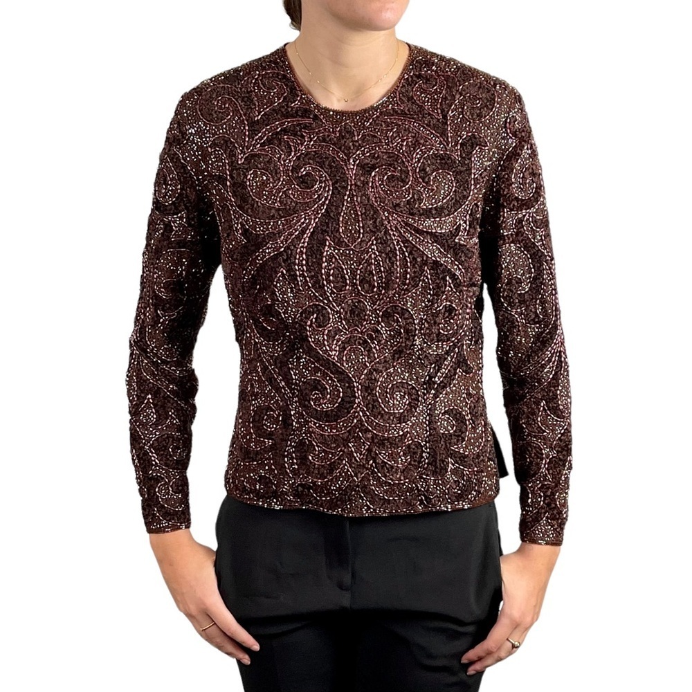NAEEM KHAN BROWN BEADED CHENILLE FITTED HOLIDAY EVENING TOP RIAZEE BOUTIQUE